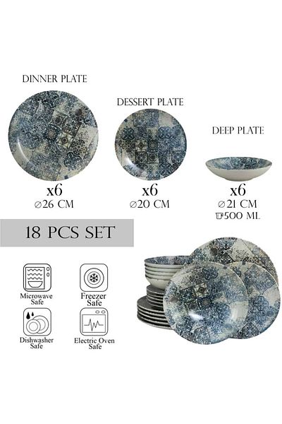 Cesiro 18-piece plate set, for 6 people, Blue Tiles, Cesiro, Ivory White with Blue