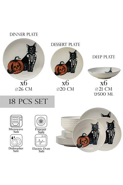 Cesiro 18-piece plate set, for 6 people, Skeleton Kitty, Cesiro, Ivoire with Cat