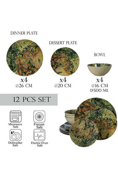 Cesiro 12-piece plate set, for 4 people, Abstract Art, Cesiro, Multicolor Glossy