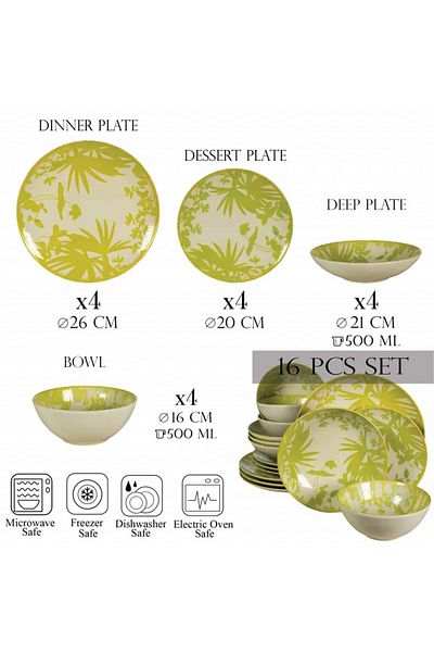 Cesiro 16-piece plate set, for 4 people, Hawaii, Cesiro, Ivory white with yellow-green leaves