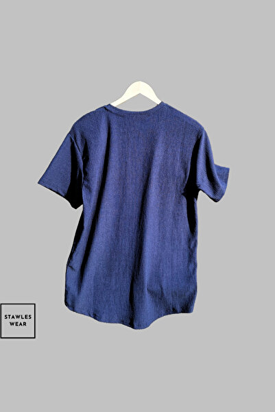 stawles wear Bürümcük Crinkle Fabric Summer Lycra Crew Neck Short Sleeve T-Shirt Shorts Set Navy Blue - White