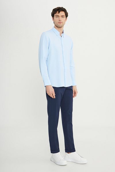 ALTINYILDIZ CLASSICS Cămașă albastră pentru bărbați, slim fit, cu guler cu nasturi, cu model Dobby Seersucker
