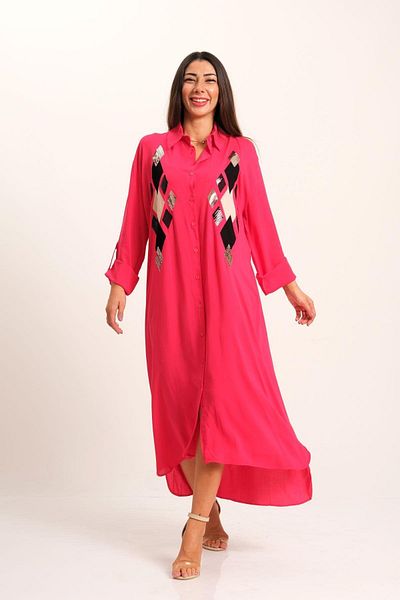 Keyifli Moda Women's Pink Front Sequin Sequin Applique Embroidered Long Shirt Dress with Sleeve Epaulets