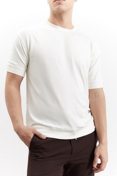 TENA Men's Ecru Crew Neck Sleeve Hem Bias Basic T-Shirt