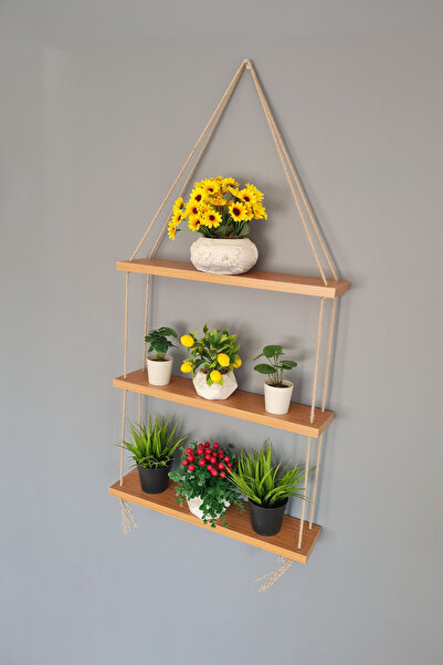 Green Life Design Jüt Halatlı Çok Amaçlı Üç Katlı Duvar Rafı Çiçeklik Dekorat...