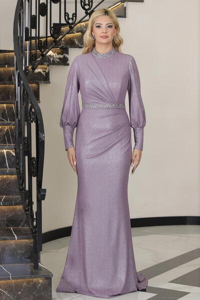 SUBU TASARIM Hürrem Tailored Evening Dress with Stones Lavender Tbselb76
