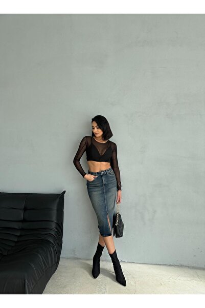 Zeo Basic YIRTMAÇLI MİDİ BOY LİKRALI  JEAN ETEK