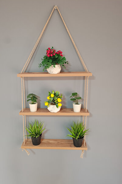 Green Life Design Jüt Halatlı Çok Amaçlı Üç Katlı Duvar Rafı Çiçeklik Dekorat...