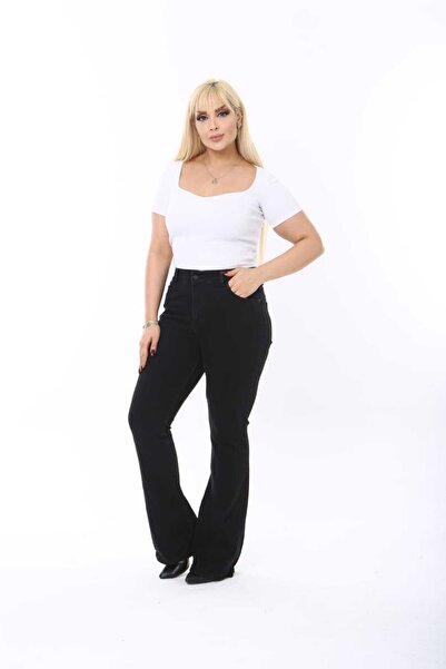 ASSO بنطلون نسائي إسباني عالي الخصر مقاس كبير أسود قابل للتمدد