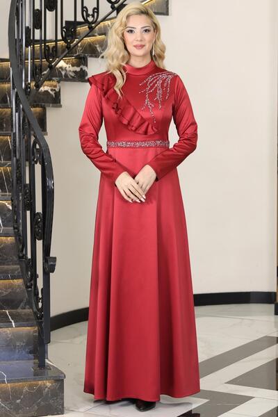 SUBU TASARIM Ada Saten Stone Evening Dress Light Burgundy Tbselb72
