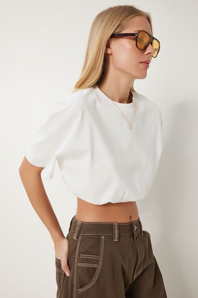 Lovelyİstanbul Elastic Crop Top T-Shirt, Ecru Lcr0044