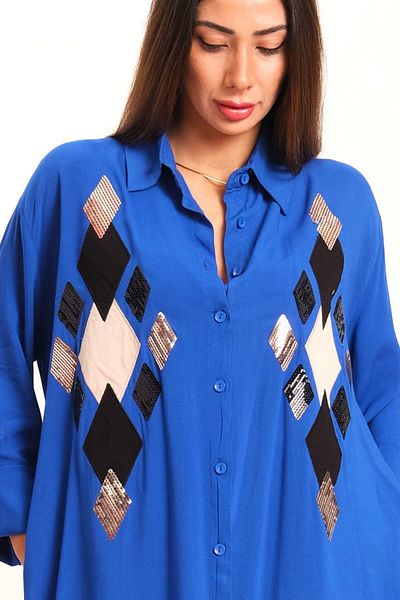 Keyifli Moda Women's Saks Blue Front Sequin Sequin Applique Embroidered Long Shirt Dress with Sleeve Epaulets