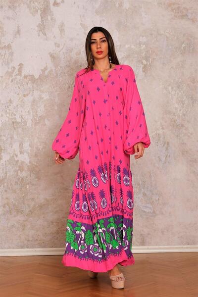 Keyifli Moda فستان نسائي طويل ذو طبقات وردية اللون ورقبة على شكل حرف V وأكمام...