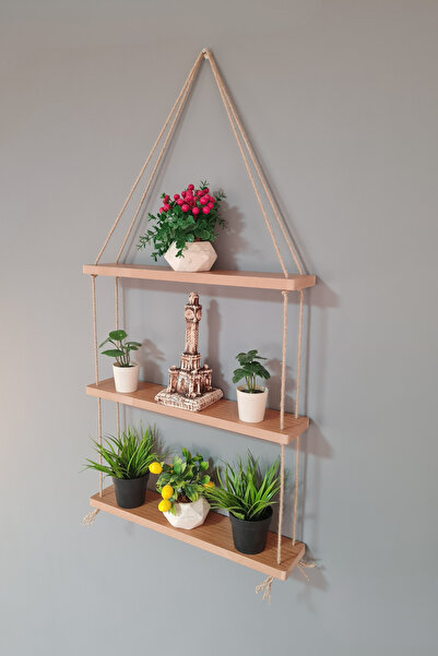 Green Life Design Jüt Halatlı Çok Amaçlı Üç Katlı Duvar Rafı Çiçeklik Dekorat...