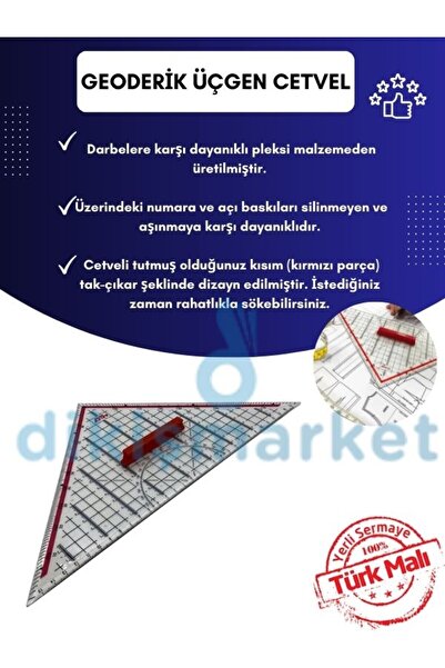dm dikişmarket Geoderik Üçgen Cetvel 32 cm Ekstra Tutuculu Ölçekli