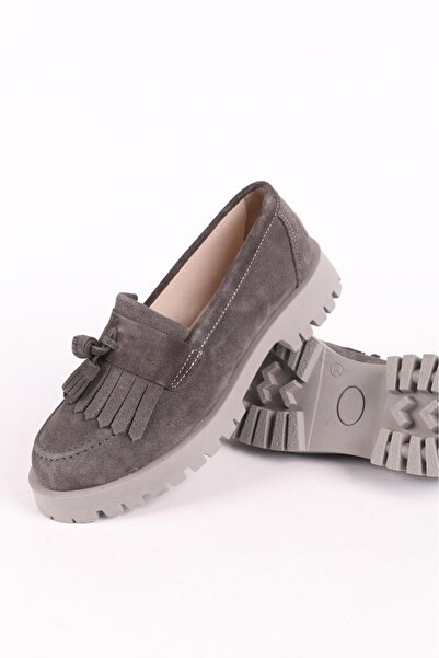 Hayati Arman Kadın Hakiki Deri Püsküllü Loafer Ayakkabı Süet Gri