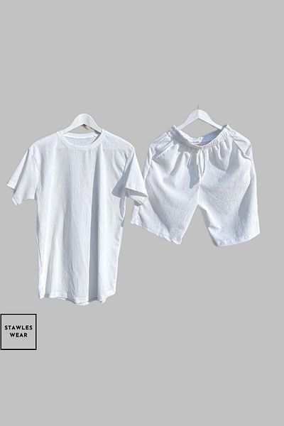 stawles wear Bürümcük Crinkle Fabric Summer Lycra Crew Neck Short Sleeve T-Shirt Shorts Set White