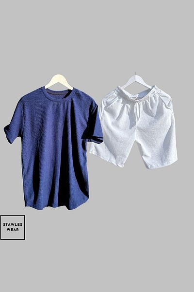 stawles wear Bürümcük Crinkle Fabric Summer Lycra Crew Neck Short Sleeve T-Shirt Shorts Set Navy Blue - White