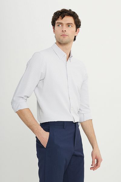 ALTINYILDIZ CLASSICS Men's Stone Slim Fit Slim Fit Buttoned Collar Dobby Seersucker Patterned Shirt