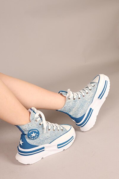 Birikon JOYFUL Taş Aksesuarlı Bilekli Kot Sneakers MAVİ