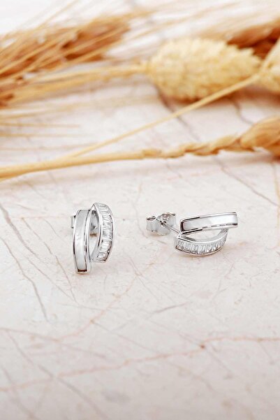 Sümer Telkari Sedef Taşlı Rodyumlu Tasarım Gümüş Mini Baget Küpe 7265