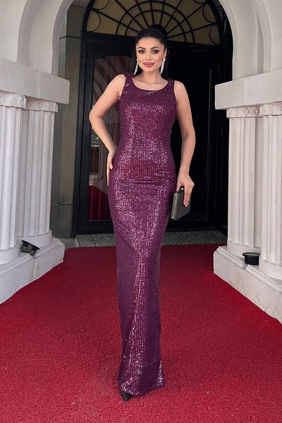 giyimmasalı Sequin Sequin Back Degaje Collar Evening Dress - Purple