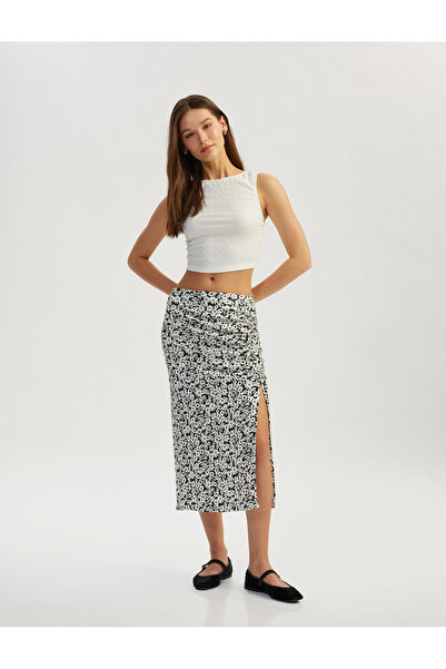 Koton Fusta midi cu talie înaltă, cu detaliu de fante, cu flori