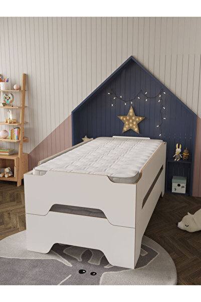 MODAMED Mobi MDF Karyola, ÇİFT Kişilik Taşınabilir İç içe Karyola, Beyaz Karyola, İstiflenebilir