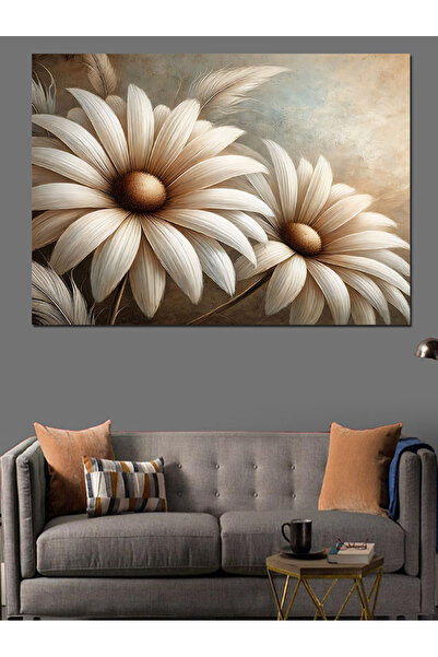 KanvasSepeti Beyaz Papatya Çizimi Dekoratif Yağlı boya Dokulu Yüksek kaliteli...