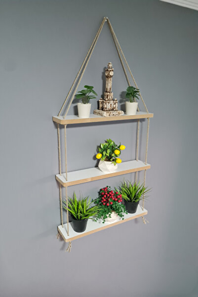 Green Life Design Jüt Halatlı Çok Amaçlı Üç Katlı Duvar Rafı Çiçeklik Dekorat...