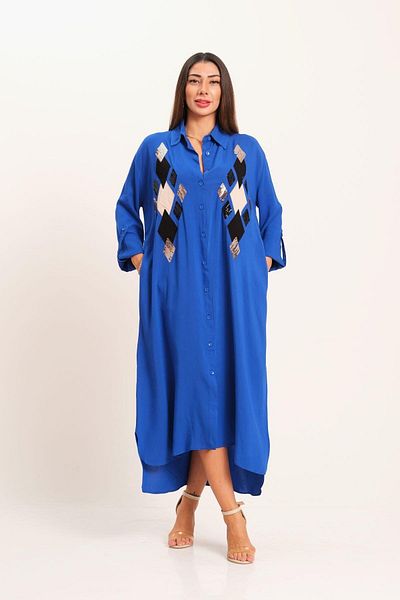 Keyifli Moda Women's Saks Blue Front Sequin Sequin Applique Embroidered Long Shirt Dress with Sleeve Epaulets