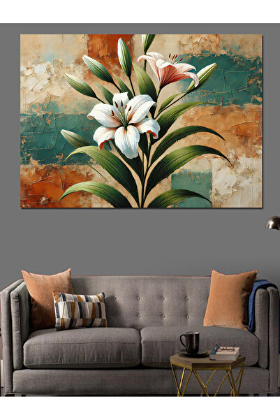 KanvasSepeti Flori albe în tablou de perete Pictură în ulei Texturată Pânză d...