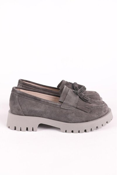 Hayati Arman Kadın Hakiki Deri Püsküllü Loafer Ayakkabı Süet Gri