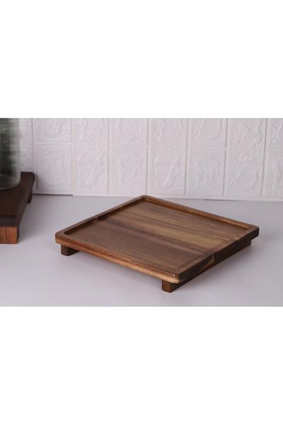 Atbyhome Atby Acacia Natural Wooden Legged Square Presentation Tray Breakfast Cheese Appetizer Serving Board 26X26Cm
