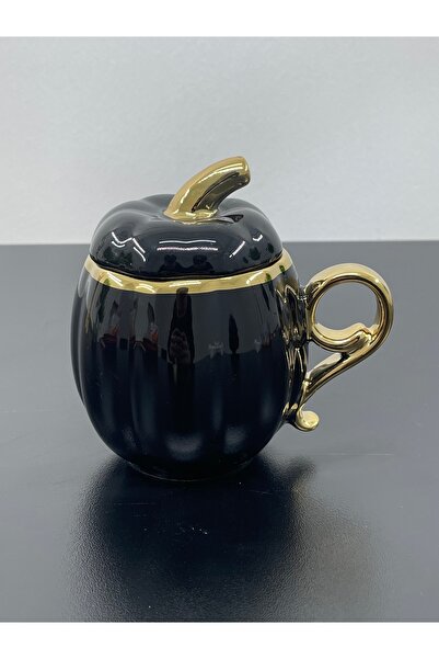 YzHome Porselen Renkli Gold Yaldızlı Kapaklı Balkabak Kupa Bardak 300ml