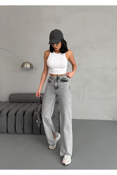 Zeo Basic Slit Detail Pipe Leg Gray Snow Wash Jean