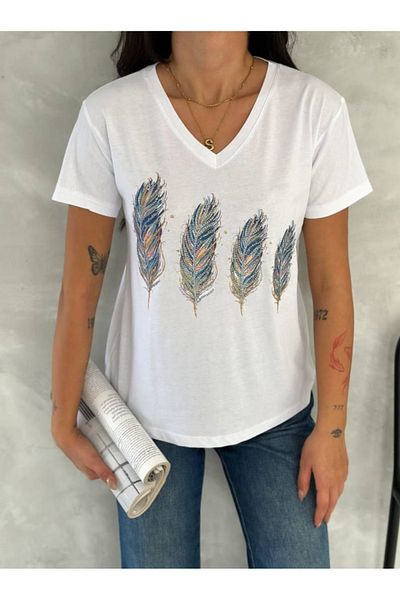 Birru Butik Women's V-Neck 100% Cotton Sequin Feather Embroidered T-Shirt