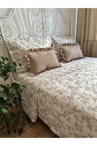 Decamor home Bird Bird Patterned Beige Bedspread & Pike Set Double King Size