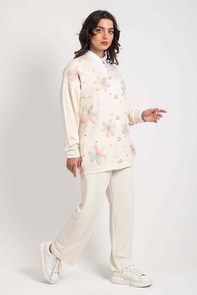 Hatun Atila HatunAtila Set din două piese modal cu cardigan cu flori și perle din tul 7927 - Ecru