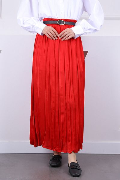 İmajButik Red Elastic Waist Satin Ruched Skirt