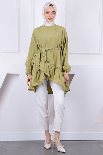 İmajButik Oil Green Skirt Layered Ruffled Tunic