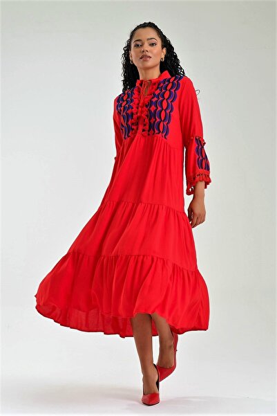 Keyifli Moda Women's Red Embroidery Detailed Tasseled Long Dress with Pleated...