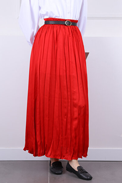 İmajButik Red Elastic Waist Satin Ruched Skirt