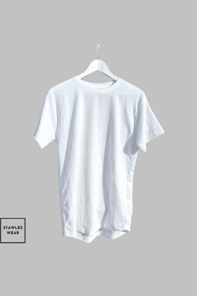 stawles wear Bürümcük Crinkle Fabric Summer Lycra Crew Neck Short Sleeve T-Shirt Shorts Set White