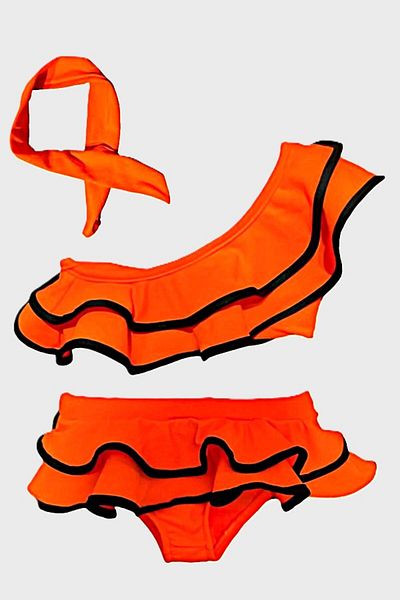 DeKuBaby Girls' Bikini Set with Bandana Flounces One Shoulder Ruffles Cutout Low-Cut Model