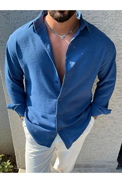 pepule Erkek Yazlık Dokulu Indigo Aerobin Oversize Gömlek