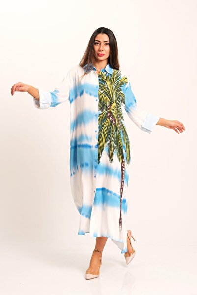 Keyifli Moda Women's Blue Tropical Print Long Shirt Dress with Epaulets and P...