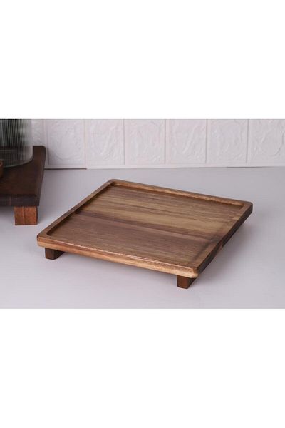 Atbyhome Atby Acacia Natural Wooden Legged Square Presentation Tray Breakfast Cheese Appetizer Serving Board 26X26Cm