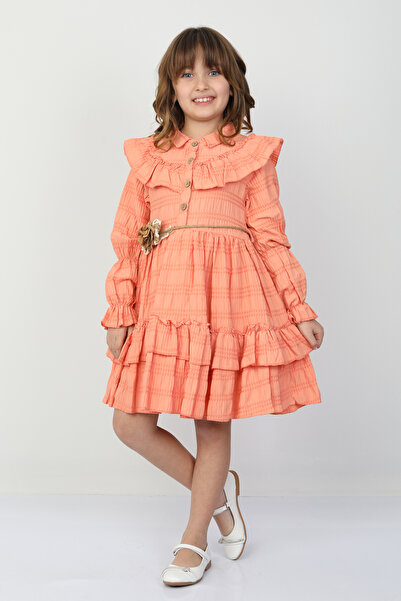 e-çocuk Girl's Rose Detailed Dress with Waist Tie Buttons