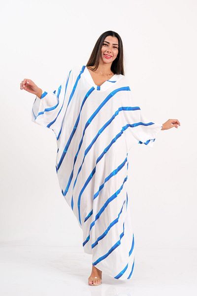 Keyifli Moda Women's Blue Striped V-Neck Back Parrot Patterned Bat Sleeve Oversize Long Dress